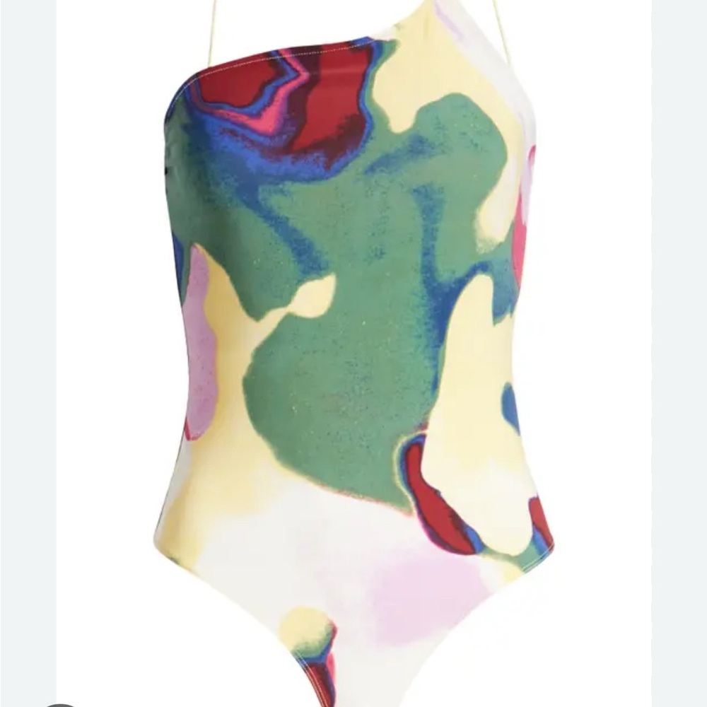 NWT Open Edit Multicolor Asymmetric Strap Thong Bodysuit In Yellow Color